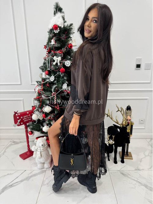 Brązowa sukienka maxi bluza z wykończeniem koronki Deniz 06 - photo #4