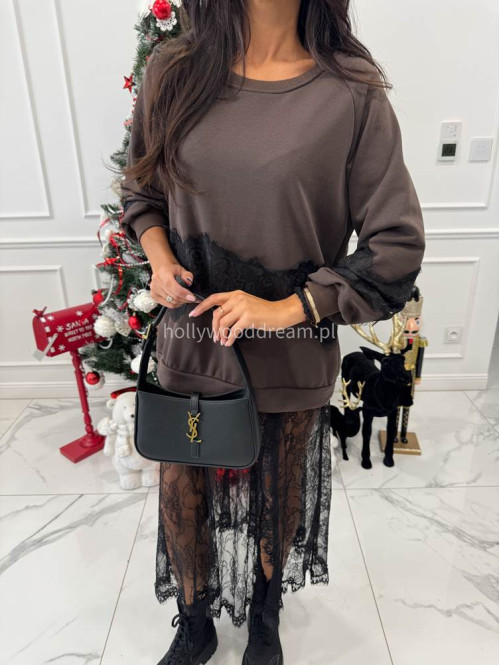 Brązowa sukienka maxi bluza z wykończeniem koronki Deniz 06 - photo #5