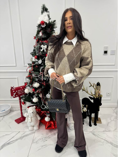 Brązowo beżowy sweter w małe romby FRANK 06 - photo #1