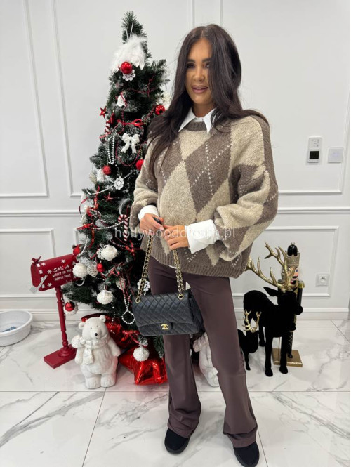 Brązowo beżowy sweter w małe romby FRANK 06 - photo #2