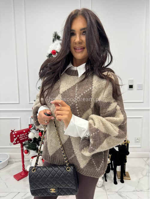 Brązowo beżowy sweter w małe romby FRANK 06 - photo #4