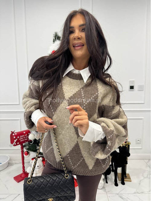 Brązowo beżowy sweter w małe romby FRANK 06 - photo #5