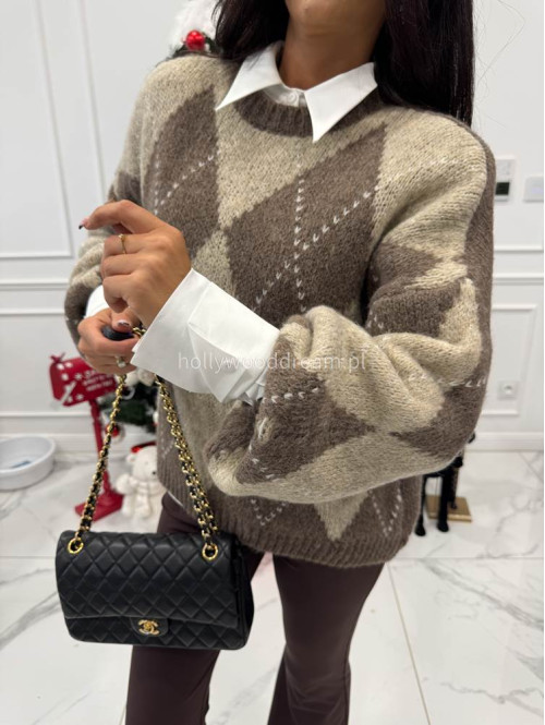 Brązowo beżowy sweter w małe romby FRANK 06 - photo #6