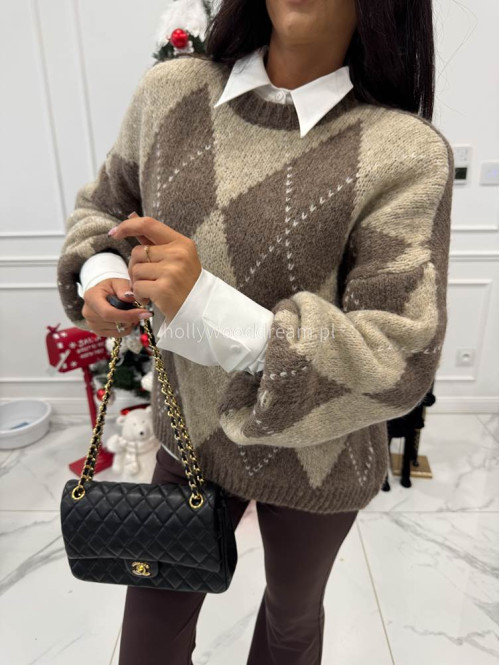 Brązowo beżowy sweter w małe romby FRANK 06 - photo #7