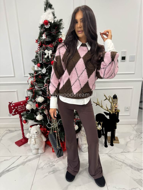 Czekoladowo różowy sweter w małe romby FRANK 06 - photo #2