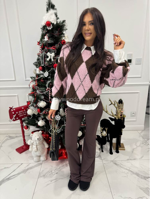 Czekoladowo różowy sweter w małe romby FRANK 06 - photo #3