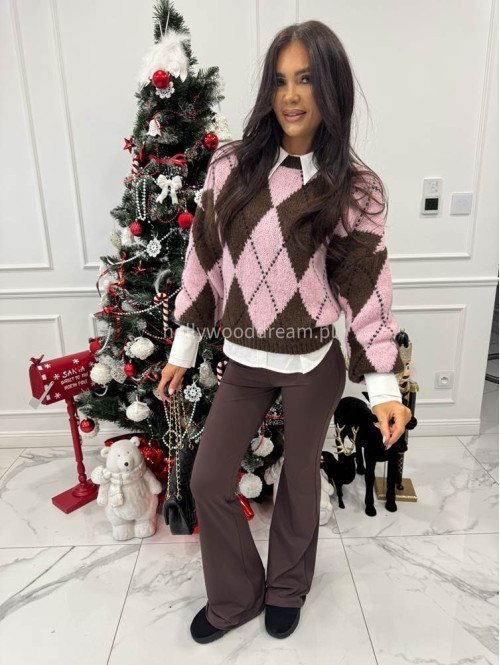 Czekoladowo różowy sweter w małe romby FRANK 06 - photo #4