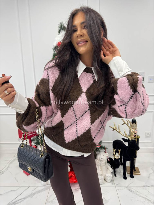 Czekoladowo różowy sweter w małe romby FRANK 06 - photo #6