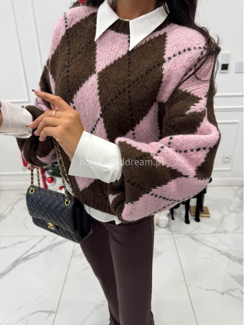 Czekoladowo różowy sweter w małe romby FRANK 06 - photo #7