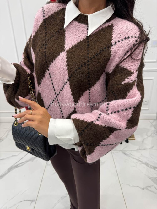 Czekoladowo różowy sweter w małe romby FRANK 06 - photo #8