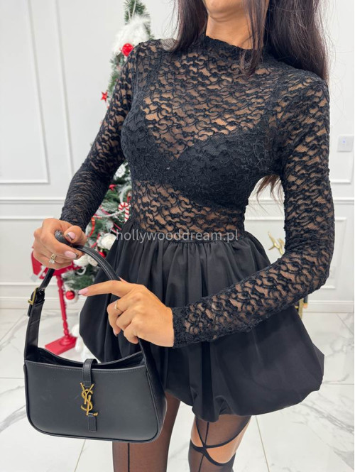 Czarna sukienka bombka z koronkowo-welurową górą DORIS 19 - photo #8