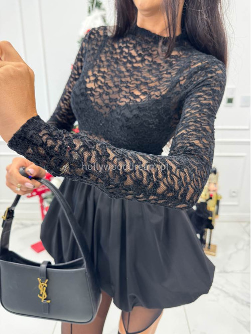 Czarna sukienka bombka z koronkowo-welurową górą DORIS 19 - photo #9