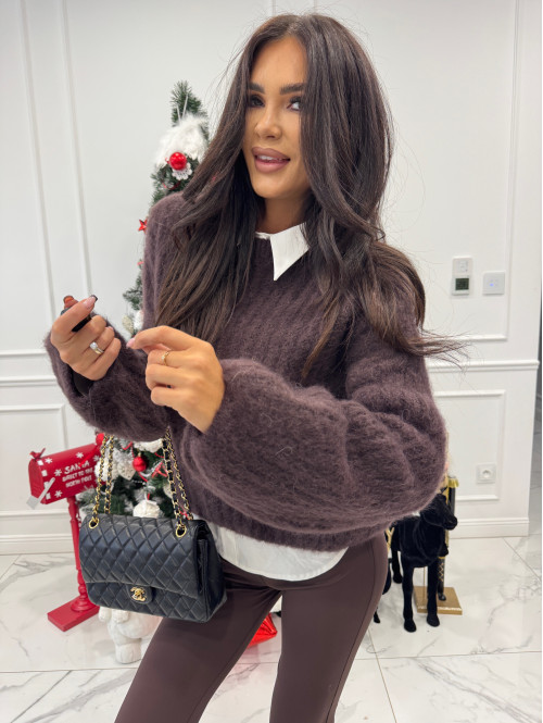 Czekoladowy sweter moherowy z bufiastymi rękawami SWEETHEART 24,02