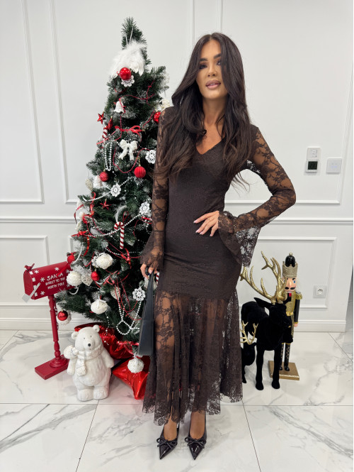 Brązowa sukienka maxi koronkowa syrenka Serena 19