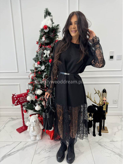 Czarna sukienka maxi z koronką na dole i przy rękawach AMITY 24 - photo #2