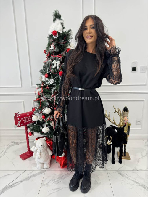 Czarna sukienka maxi z koronką na dole i przy rękawach AMITY 24 - photo #3