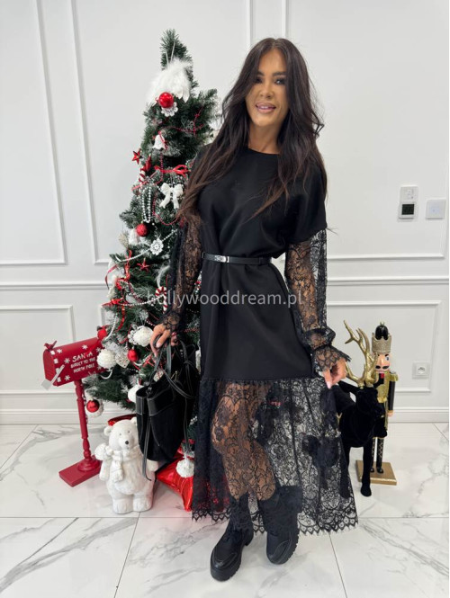 Czarna sukienka maxi z koronką na dole i przy rękawach AMITY 24 - photo #4