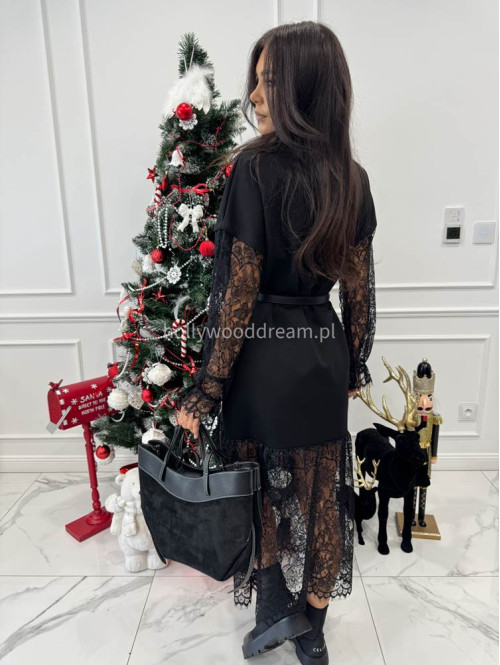 Czarna sukienka maxi z koronką na dole i przy rękawach AMITY 24 - photo #6