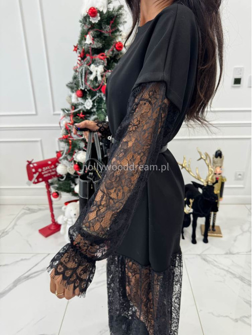 Czarna sukienka maxi z koronką na dole i przy rękawach AMITY 24 - photo #9