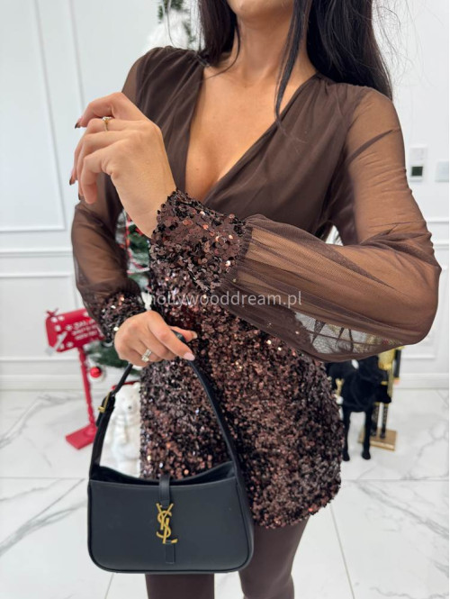 Brązowa sukienka mini góra siateczkowa + cekinowy dół SHEEN 26 - photo #7