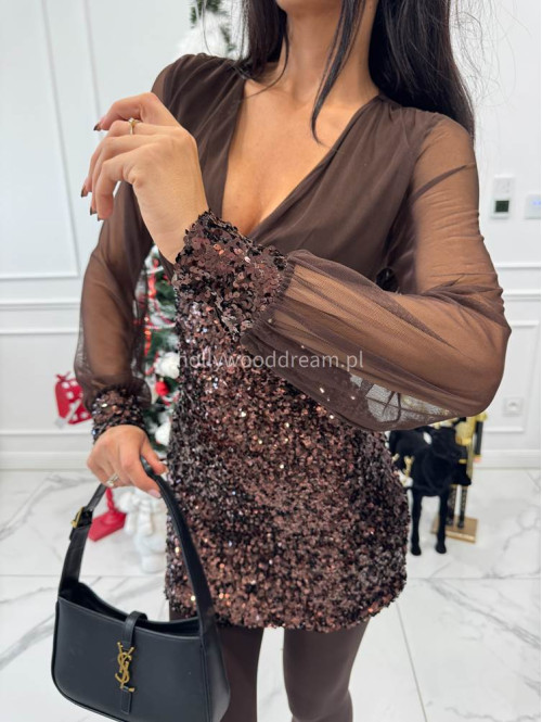 Brązowa sukienka mini góra siateczkowa + cekinowy dół SHEEN 26 - photo #8