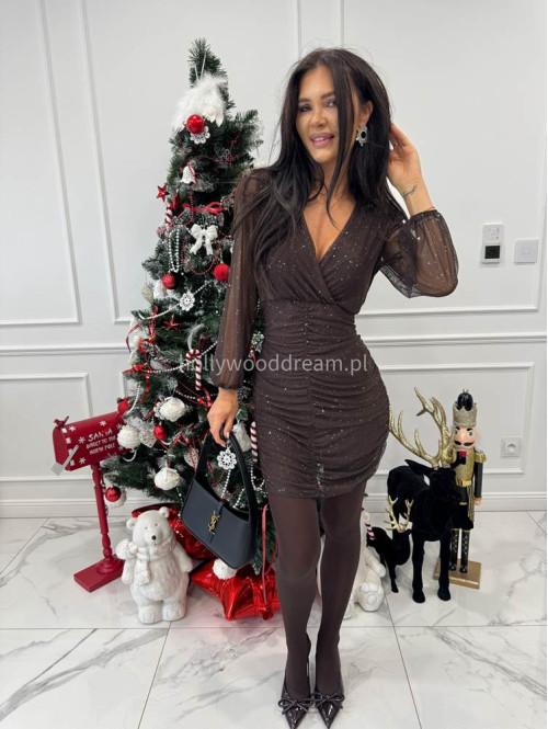 Brązowa sukienka mini siateczkowa z brokatem i kopertowym dekoltem SCARLET 26 - photo #1