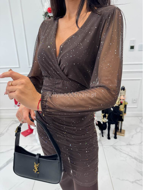 Brązowa sukienka mini siateczkowa z brokatem i kopertowym dekoltem SCARLET 26 - photo #6