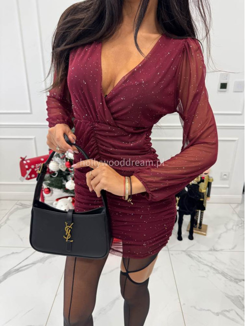 Bordowa sukienka mini siateczkowa z brokatem i kopertowym dekoltem SCARLET 26 - photo #2