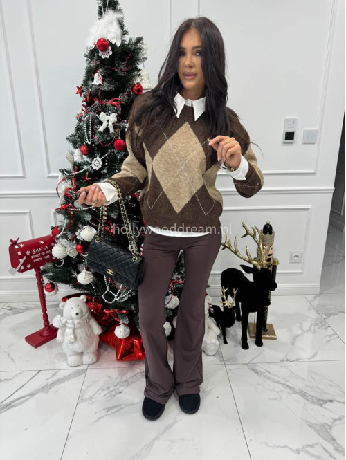 Beżowo-brązowy sweter w romby Lamer 52 - photo #5