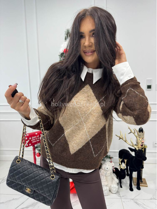 Beżowo-brązowy sweter w romby Lamer 52 - photo #6