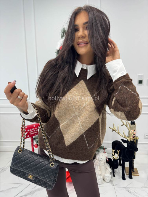 Beżowo-brązowy sweter w romby Lamer 52 - photo #7