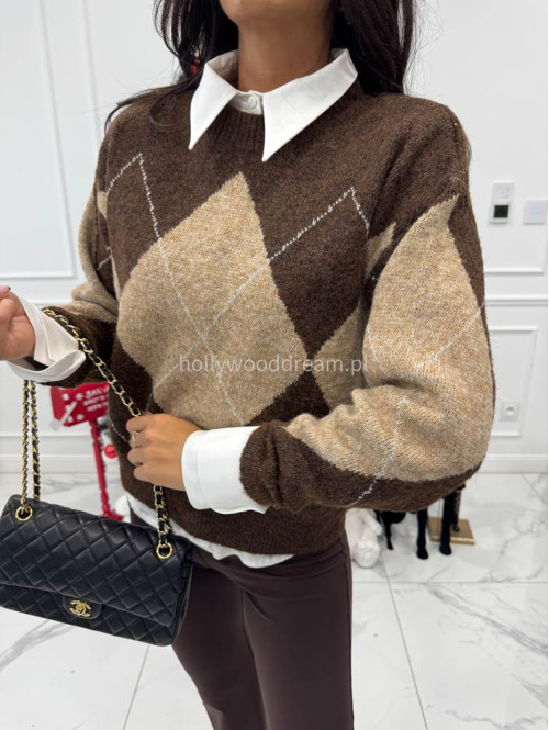 Beżowo-brązowy sweter w romby Lamer 52 - photo #8