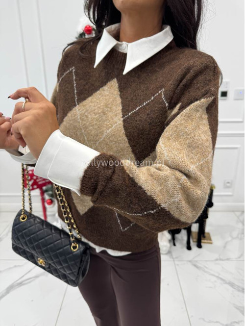 Beżowo-brązowy sweter w romby Lamer 52 - photo #9