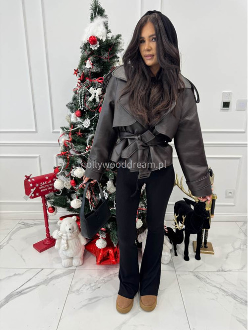 Brązowy trencz krótki z eko skóry z paskiem HALEY 25 - photo #3