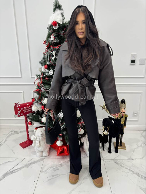 Brązowy trencz krótki z eko skóry z paskiem HALEY 25 - photo #5