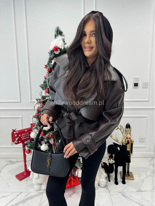 Brązowy trencz krótki z eko skóry z paskiem HALEY 25 - photo #8