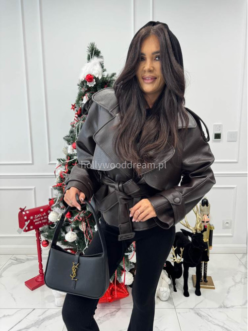 Brązowy trencz krótki z eko skóry z paskiem HALEY 25 - photo #9