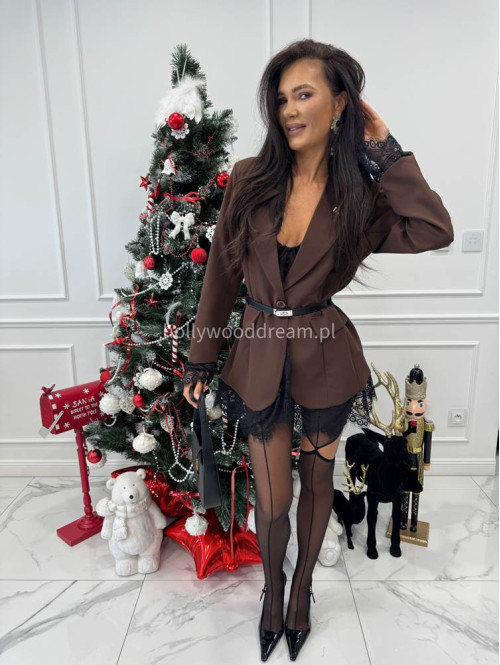 Brązowa marynarka z koronkowymi wstawkami i broszką DAKOTA 17 - photo #4