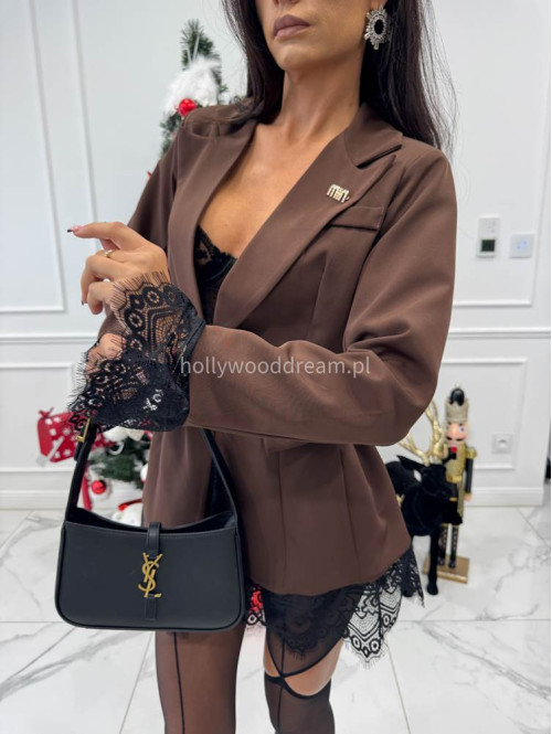 Brązowa marynarka z koronkowymi wstawkami i broszką DAKOTA 17 - photo #7