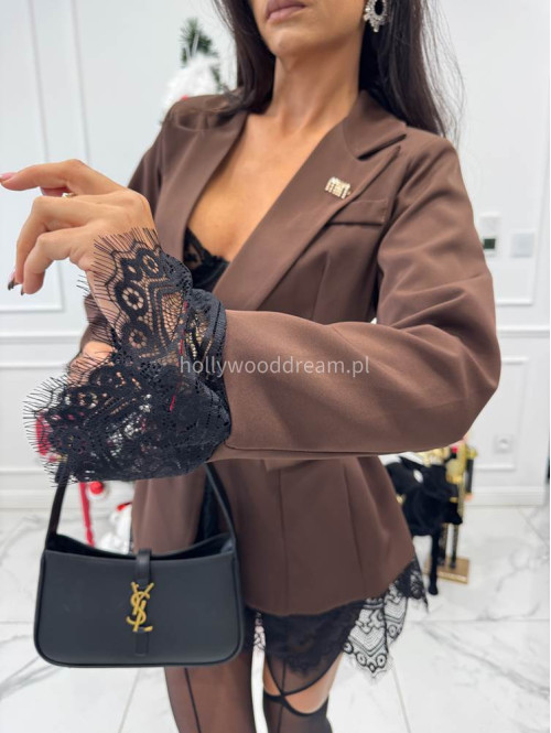 Brązowa marynarka z koronkowymi wstawkami i broszką DAKOTA 17 - photo #8