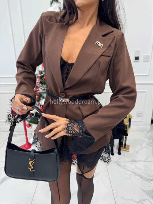 Brązowa marynarka z koronkowymi wstawkami i broszką DAKOTA 17 - photo #9