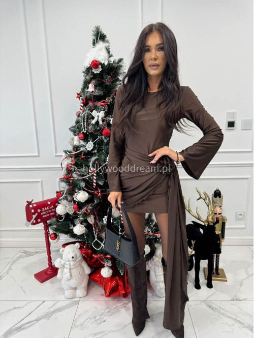 Czekoladowa sukienka mini na długi rękaw z różą i szarfą NAOMI 171 - photo #4