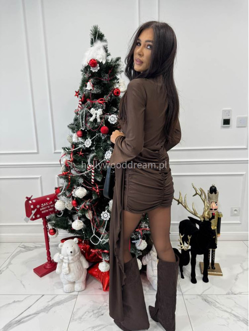 Czekoladowa sukienka mini na długi rękaw z różą i szarfą NAOMI 171 - photo #6