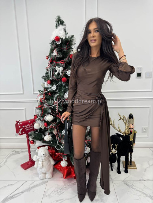 Czekoladowa sukienka mini na długi rękaw z różą i szarfą NAOMI 171 - photo #7