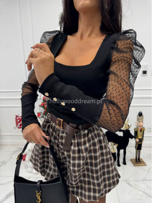 Bluzka prążkowana z rękawem siateczka w kropki czarna Oliwka 30 - photo #19