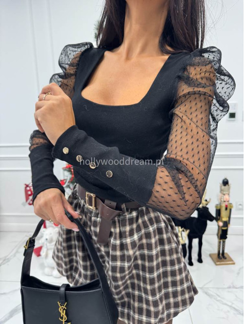 Bluzka prążkowana z rękawem siateczka w kropki czarna Oliwka 30 - photo #20