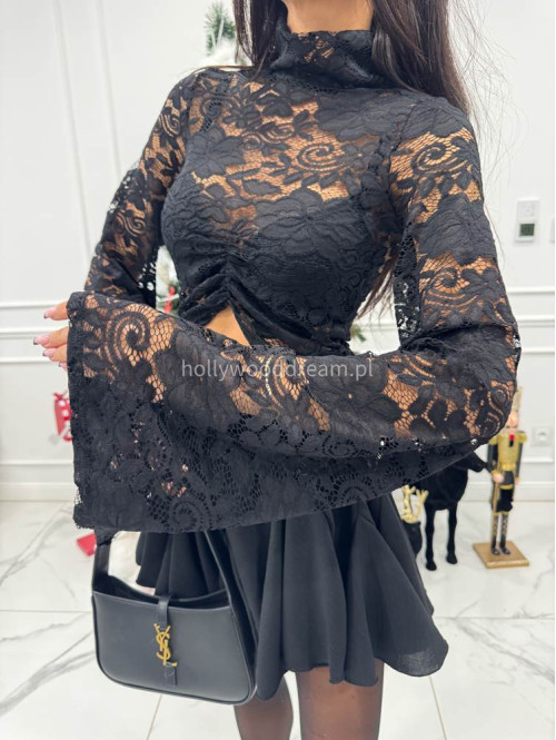 Czarna bluzka krótka koronkowa z rękawami dzwonek Roma 25 - photo #6