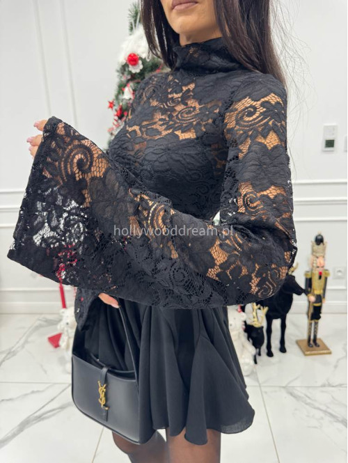 Czarna bluzka krótka koronkowa z rękawami dzwonek Roma 25 - photo #7