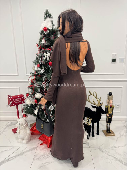 Brązowa sukienka maxi sweterkowa z długim rękawem i wyciętymi plecami + szal MIRABEL 161 - photo #5