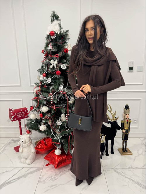 Brązowa sukienka maxi sweterkowa z długim rękawem i wyciętymi plecami + szal MIRABEL 161 - photo #6